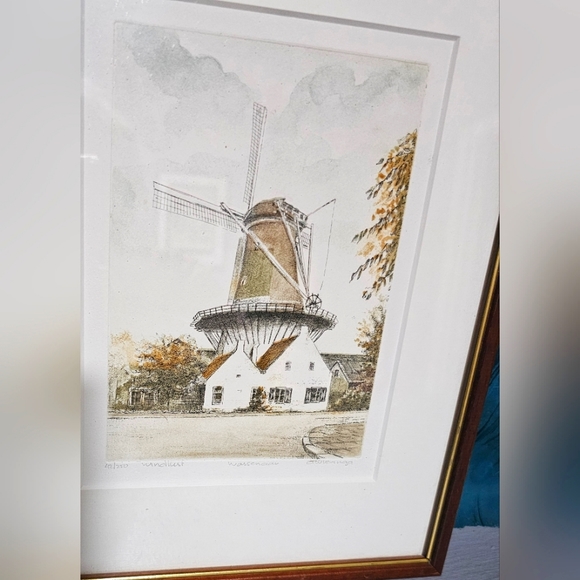 Vintage Framed Hand Coloured Engraving Dutch Windmill Signed A. Wieringa - Picture 3 of 9